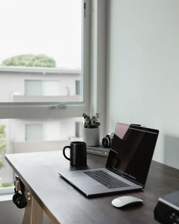 Holztisch am Fenster mit Laptop, Tasse und Pflanze